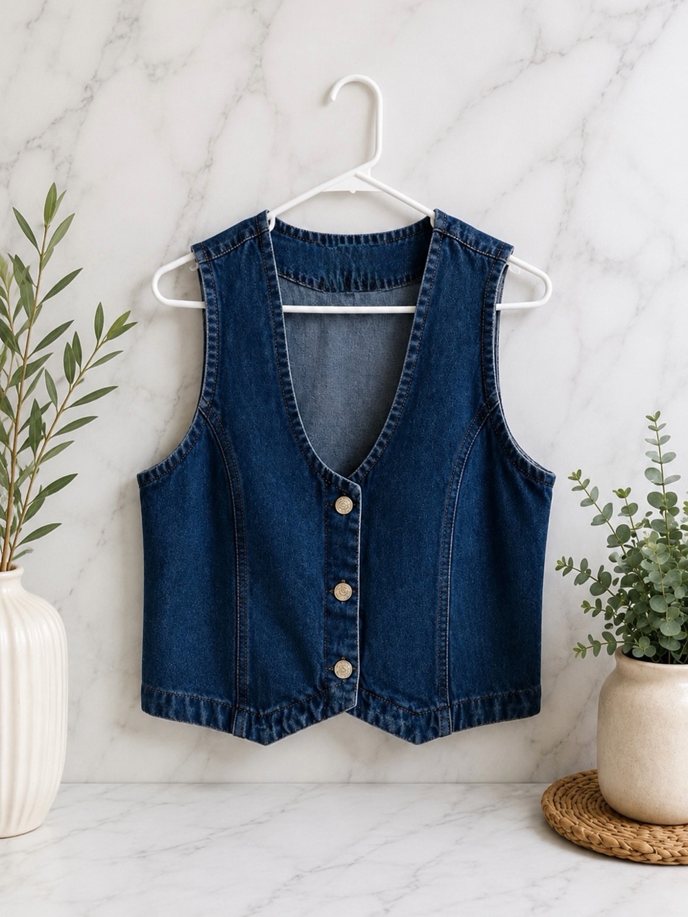 Women's Dark Blue Denim Button Jean Vest